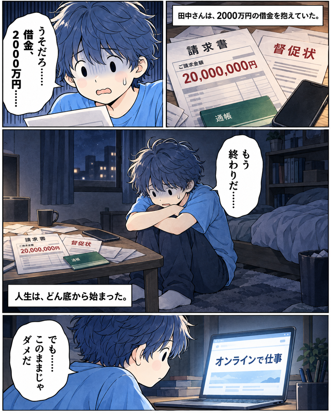漫画1ページ。2,000万円の借金を抱えた田中さん。どん底から、オンラインの仕事を探し始める。