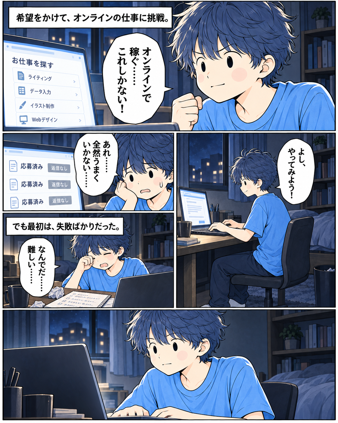 漫画2ページ。オンラインの仕事に挑戦するが、応募しても返信がなく、最初は失敗ばかり。それでも仕事に向き合う。