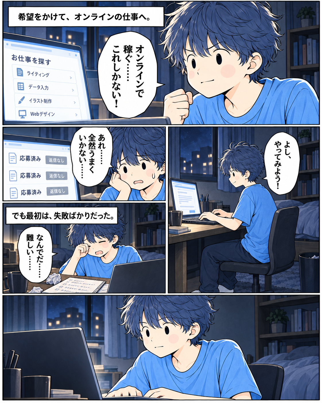 漫画2ページ。希望をかけてオンラインの仕事へ。応募しても返信がなく、最初は失敗ばかり。それでも仕事に向き合う。