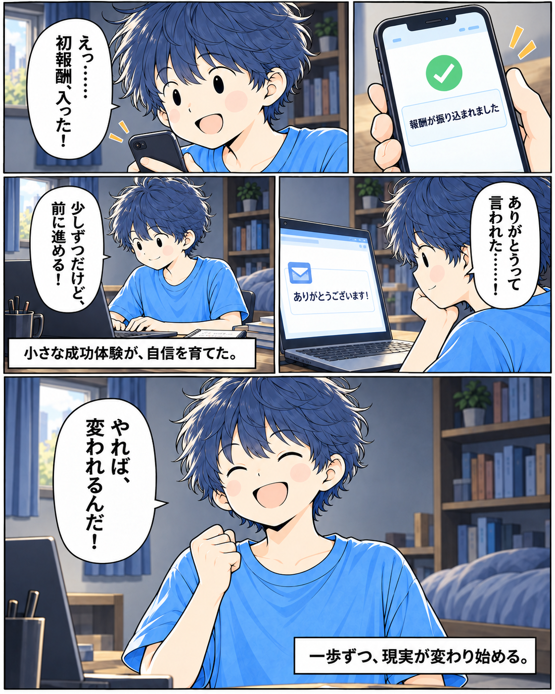 漫画3ページ。初めての報酬と、ありがとうの言葉。小さな成功体験が自信を育て、一歩ずつ現実が変わり始める。