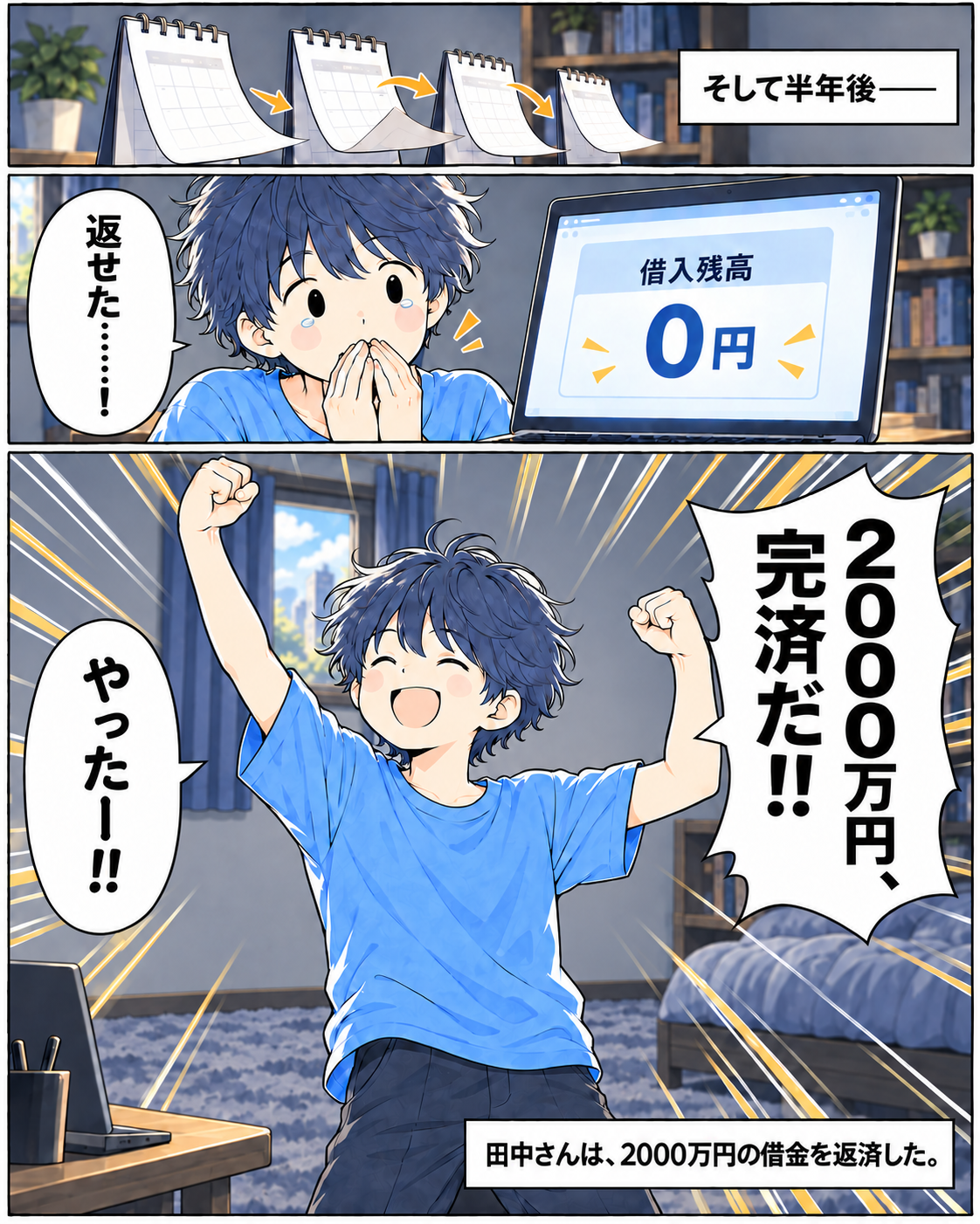 漫画4ページ。そして半年後、借入残高は0円に。田中さんは2,000万円の借金を返済した。