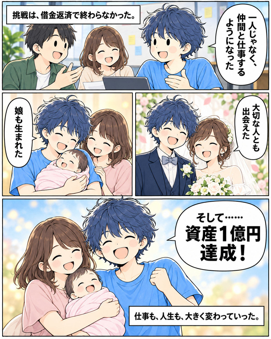 漫画5ページ。仲間と働き、結婚し、娘が生まれ、資産1億円を達成。仕事も人生も変わっていった。
