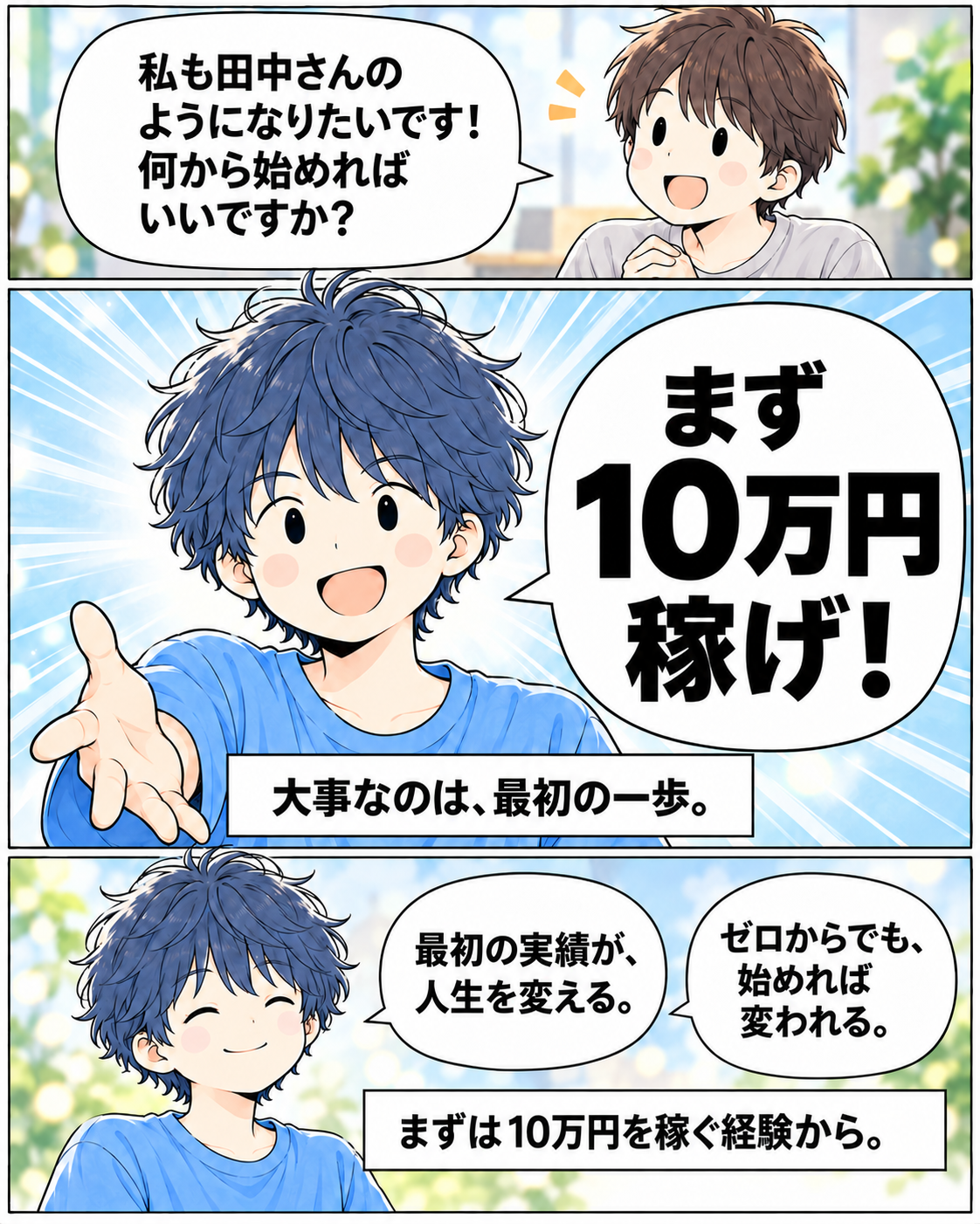 漫画6ページ。何から始めればいいですか、という問いに、まず10万円稼げ！ 大事なのは最初の一歩。まずは10万円を稼ぐ経験から。
